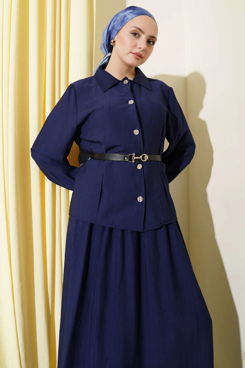 Belted Pleated Skirt Two-Piece Set Navy Blue groothandel clothing set view 2 - Hicabistan Turkije fabriek