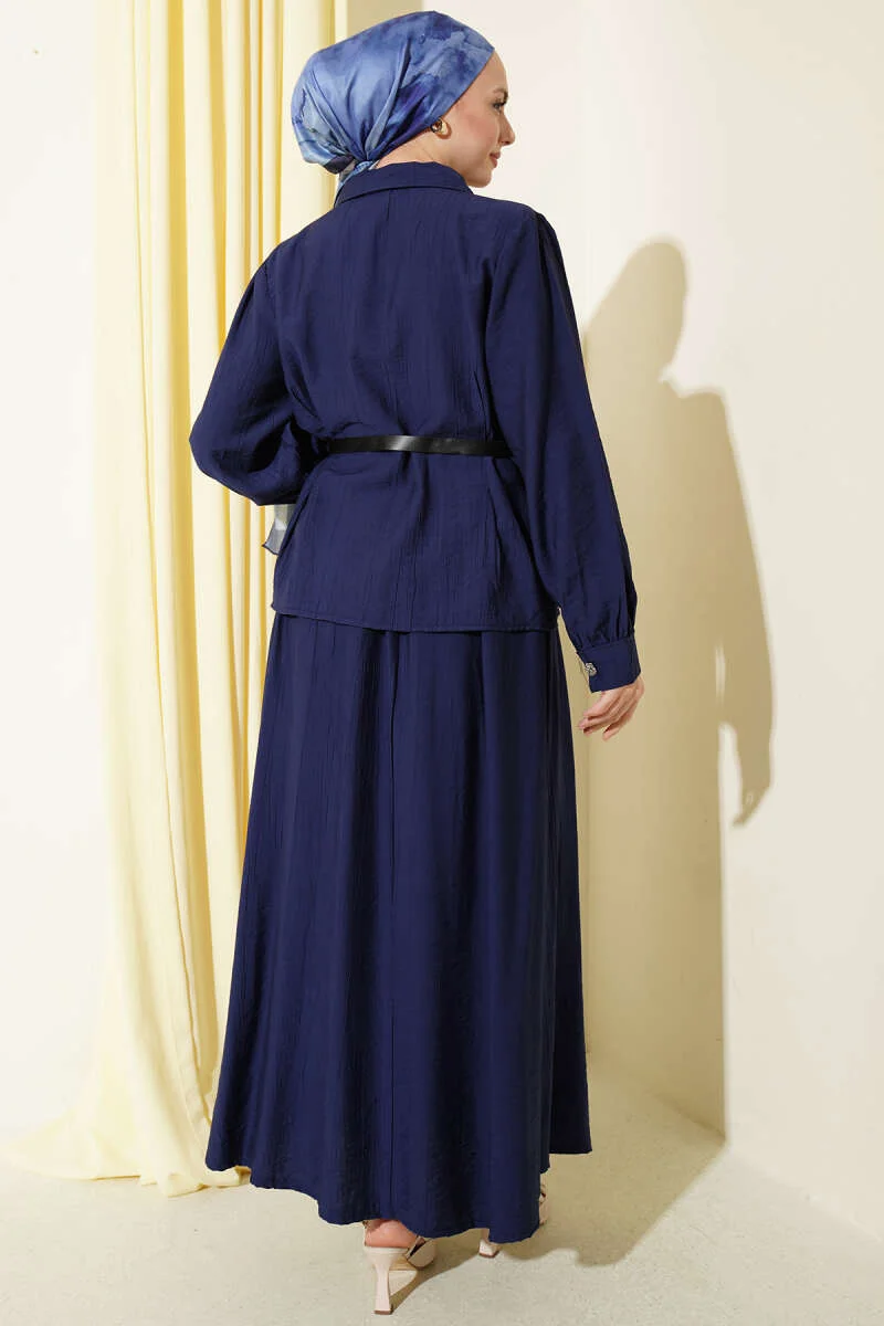 Belted Pleated Skirt Two-Piece Set Navy Blue groothandel clothing set view 3 - Hicabistan Turkije fabriek