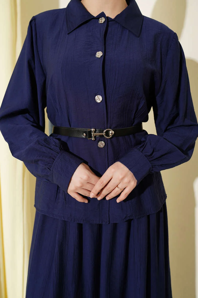 Belted Pleated Skirt Two-Piece Set Navy Blue groothandel clothing set view 4 - Hicabistan Turkije fabriek
