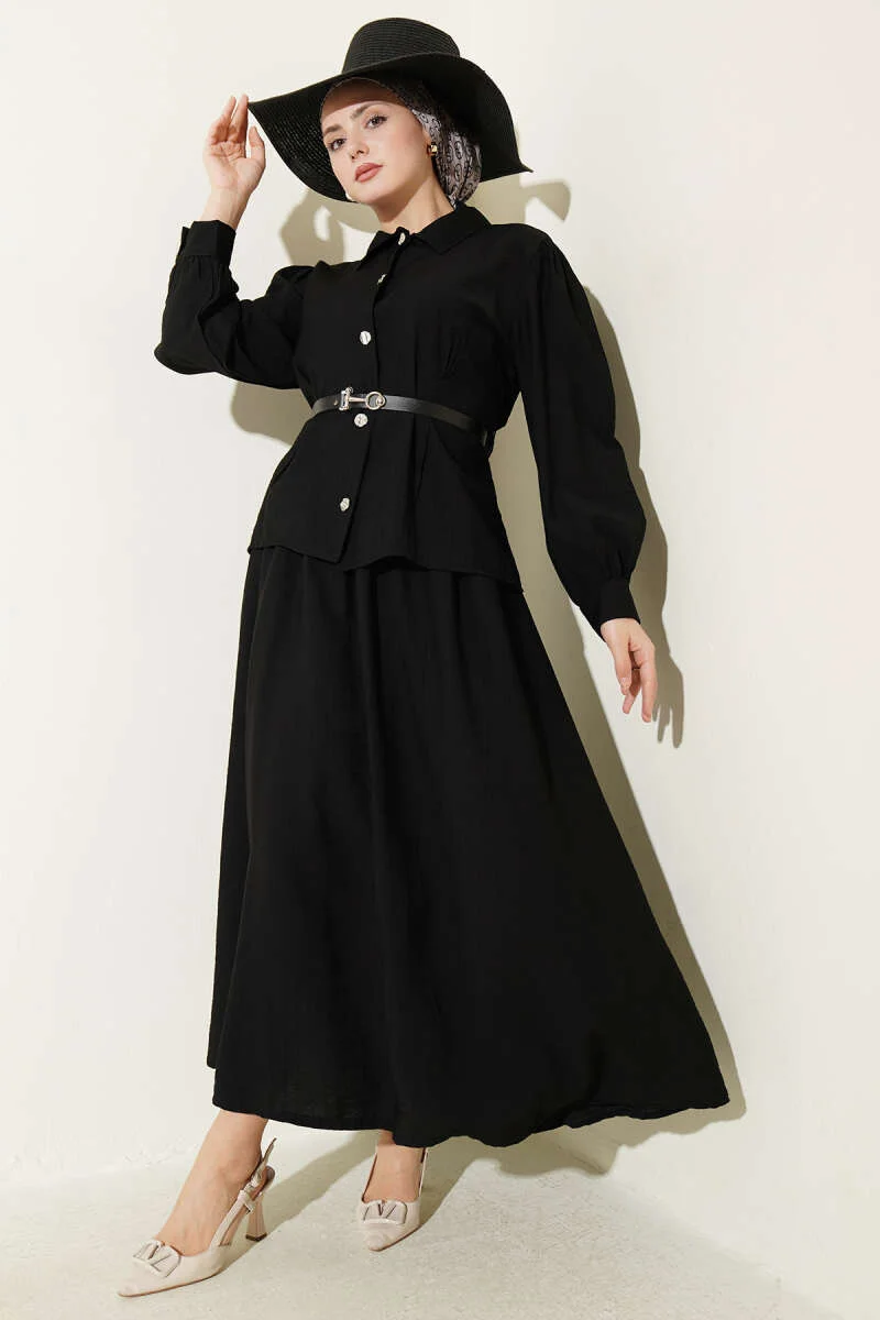 Belted Pleated Skirt Two-Piece Set Black wholesale clothing set - Hicabistan Turkey factory
