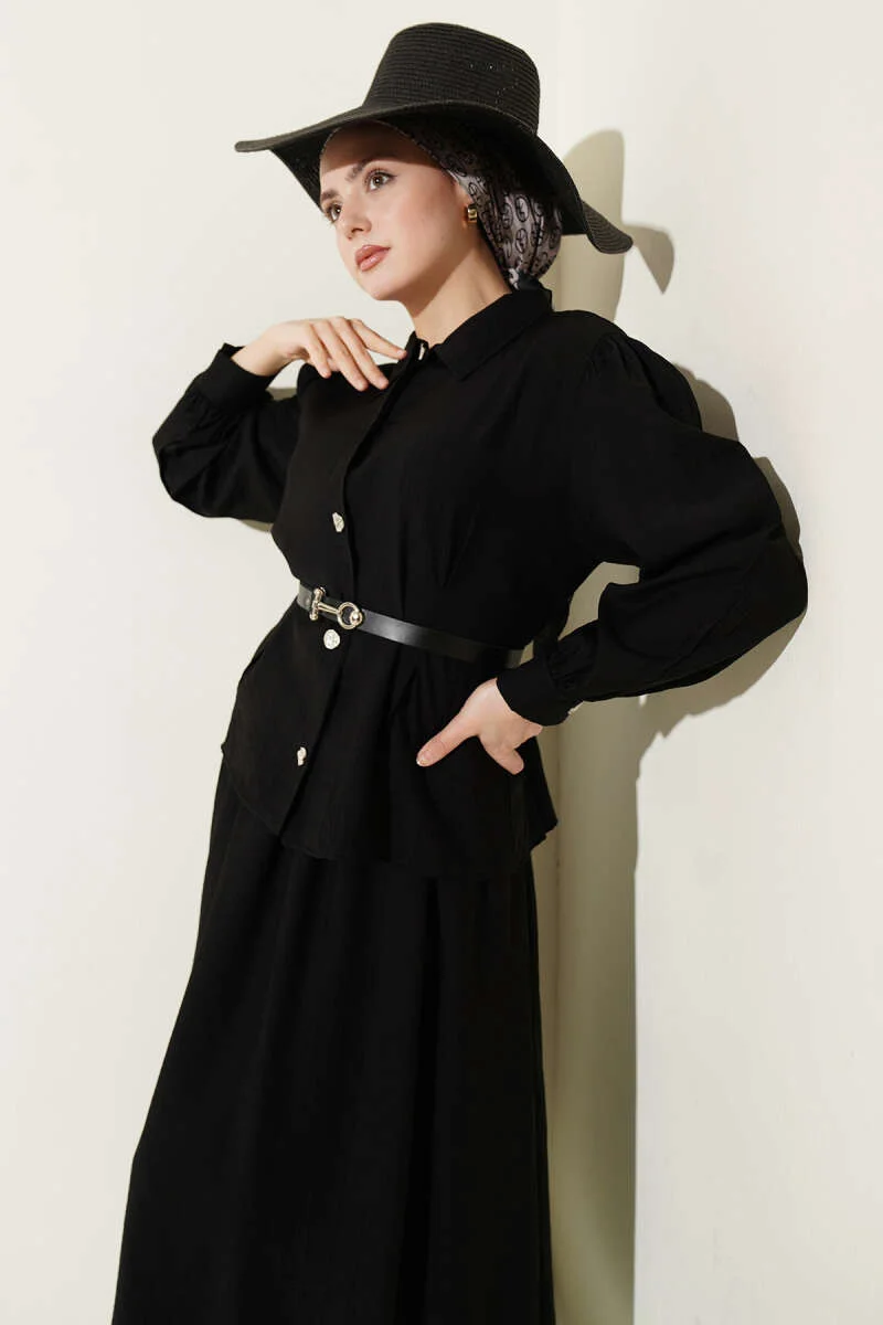 Belted Pleated Skirt Two-Piece Set Black wholesale clothing set view 2 - Hicabistan Turkey factory