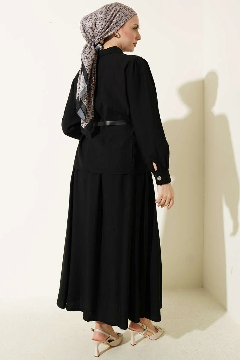 Belted Pleated Skirt Two-Piece Set Black wholesale clothing set view 3 - Hicabistan Turkey factory
