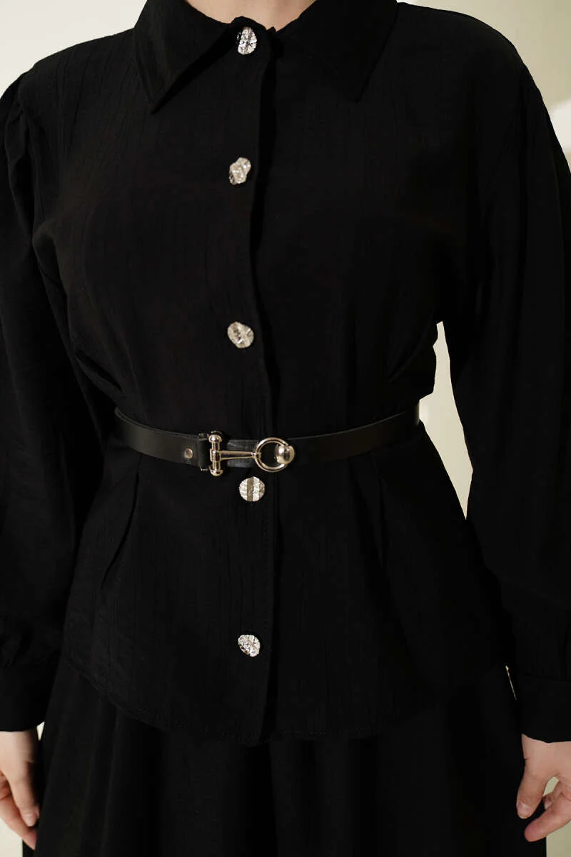 Belted Pleated Skirt Two-Piece Set Black wholesale clothing set view 4 - Hicabistan Turkey factory