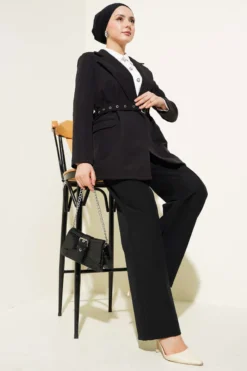 Belted Pocket Jacket Set Black