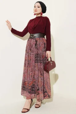 Belted Ethnic Patterned Two-Piece Set Burgundy wholesale clothing set view 2 - Hicabistan Turkey factory