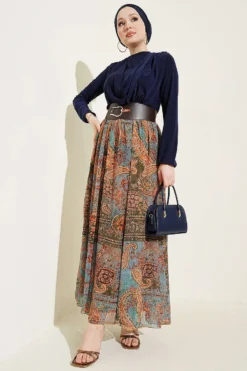 Belted Ethnic Patterned Two-Piece Set Navy Blue wholesale clothing set view 2 - Hicabistan Turkey factory
