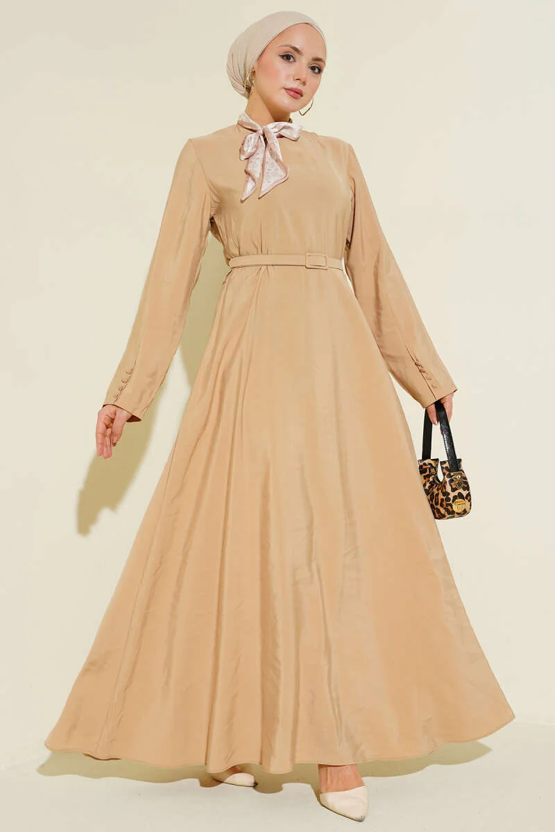Belted Tencel Dress Beige en gros dress - Hicabistan usine Turquie