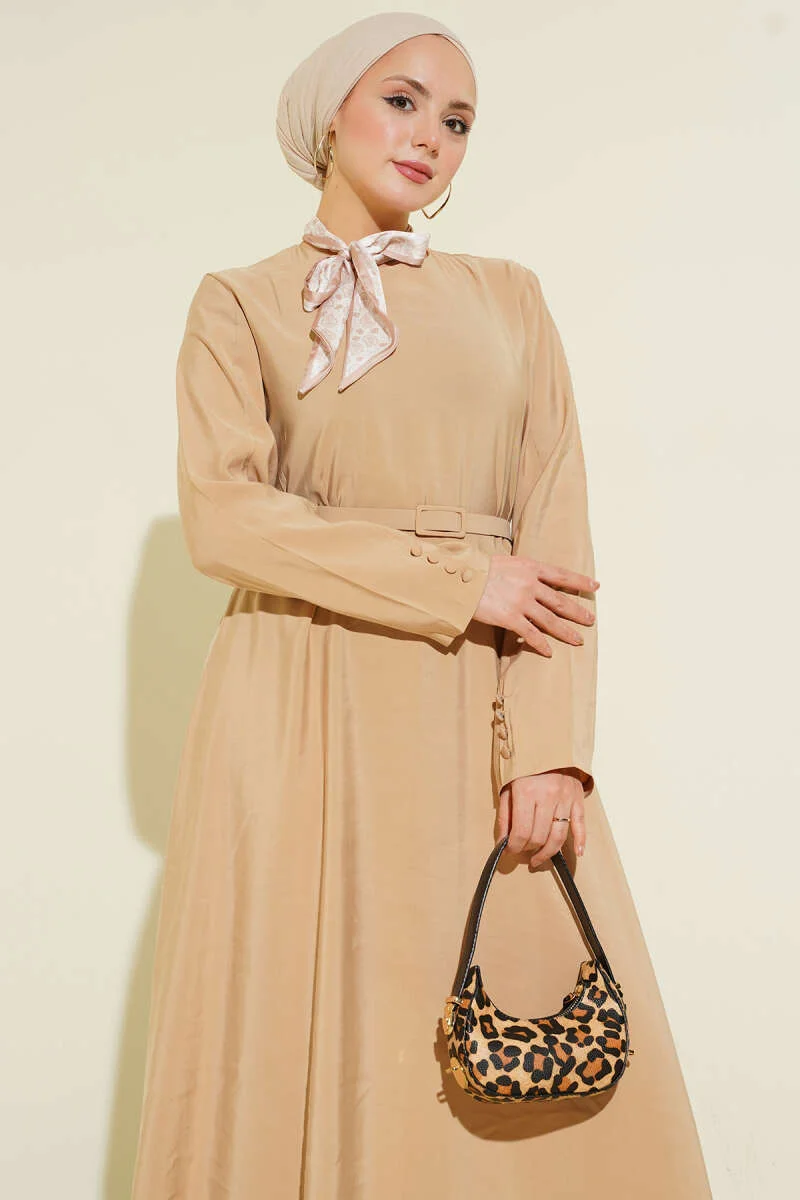 Belted Tencel Dress Beige en gros dress view 2 - Hicabistan usine Turquie