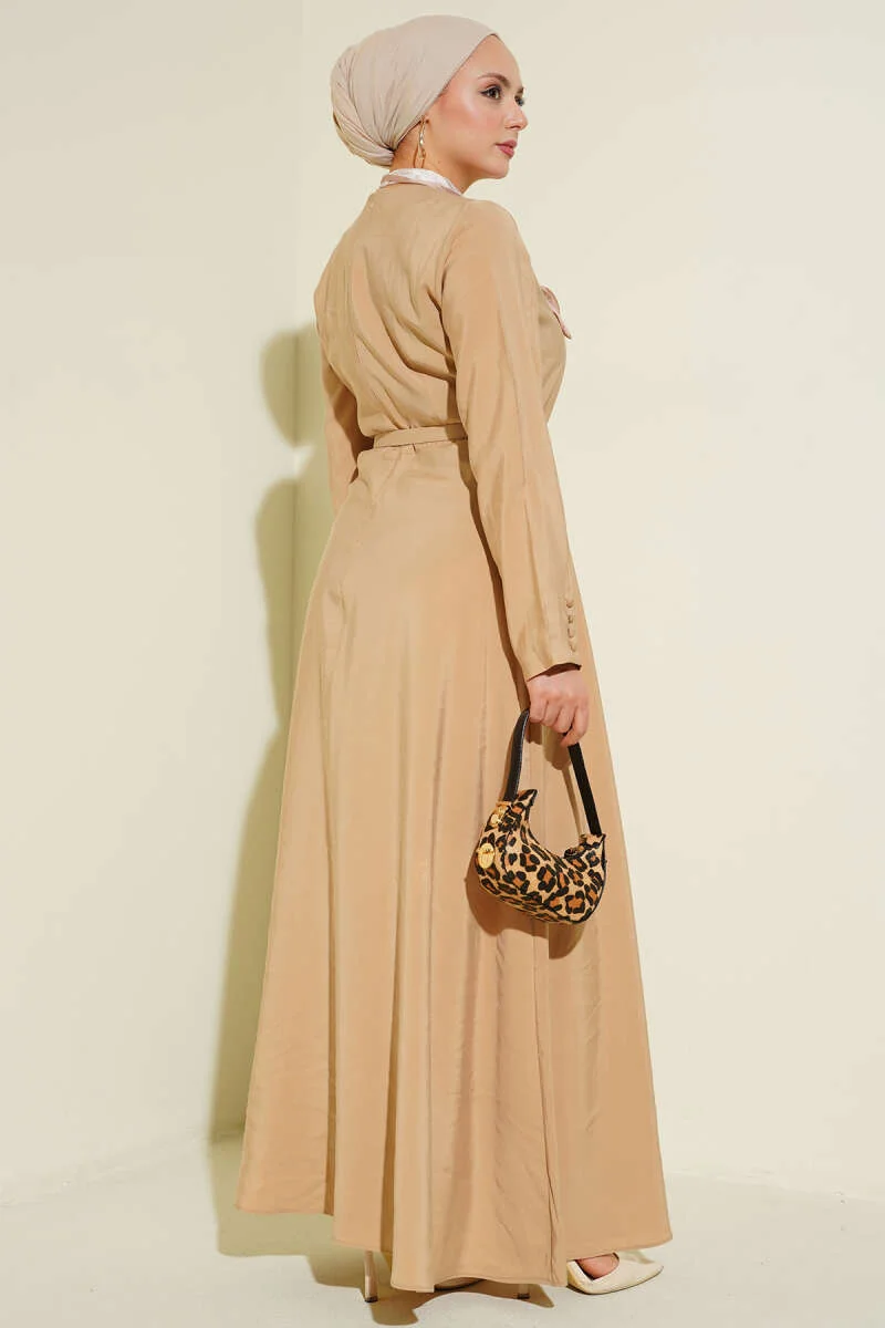 Belted Tencel Dress Beige en gros dress view 3 - Hicabistan usine Turquie