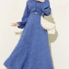 Belted Floral Embroidered Button Dress Indigo