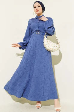 Belted Floral Embroidered Button Dress Indigo