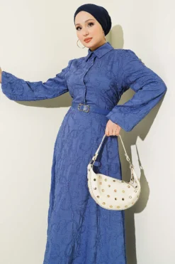 منظر بديل لـ Belted Floral Embroidered Button Dress Indigo