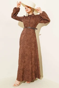 Belted Floral Embroidered Button Dress Brown al por mayor dress - Hicabistan fábrica Turquía