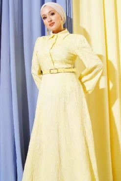 Belted Floral Embroidered Button Dress Yellow al por mayor dress view 2 - Hicabistan fábrica Turquía