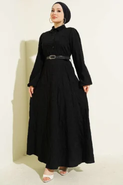 Belted Floral Embroidered Button Dress Black