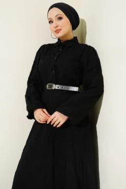 منظر بديل لـ Belted Floral Embroidered Button Dress Black