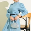 Belted Denim Look Flared Dress Blue all'ingrosso dress view 2 - Hicabistan fabbrica Turchia