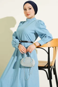 Belted Denim Look Flared Dress Blue wholesale dress view 2 - Hicabistan Turkey factory