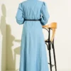 Belted Denim Look Flared Dress Blue all'ingrosso dress view 3 - Hicabistan fabbrica Turchia