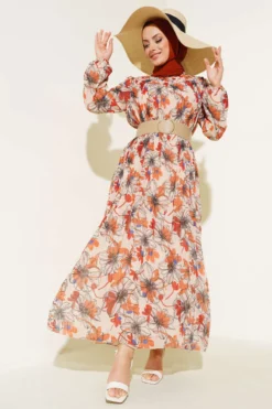 Belted Pleated Chiffon Dress Beige