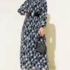Belted Pleated Chiffon Dress Indigo