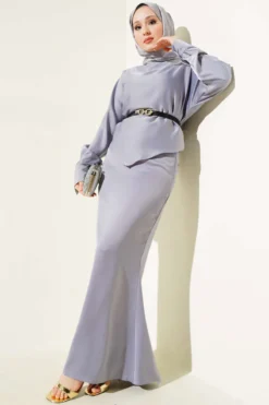 Belted Satin Pencil Skirt Set Grey wholesale clothing set - Hicabistan Turkey factory
