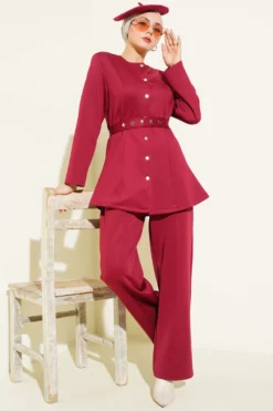 Belted Snap Jacket Two-Piece Set Burgundy wholesale clothing set - Hicabistan Turkey factory