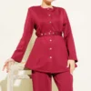 Belted Snap Jacket Two-Piece Set Burgundy wholesale clothing set view 2 - Hicabistan Turkey factory