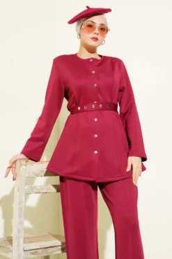Belted Snap Jacket Two-Piece Set Burgundy wholesale clothing set view 2 - Hicabistan Turkey factory