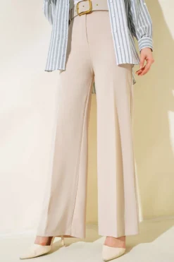 High Waist Wide Leg Trousers with Belt Beige