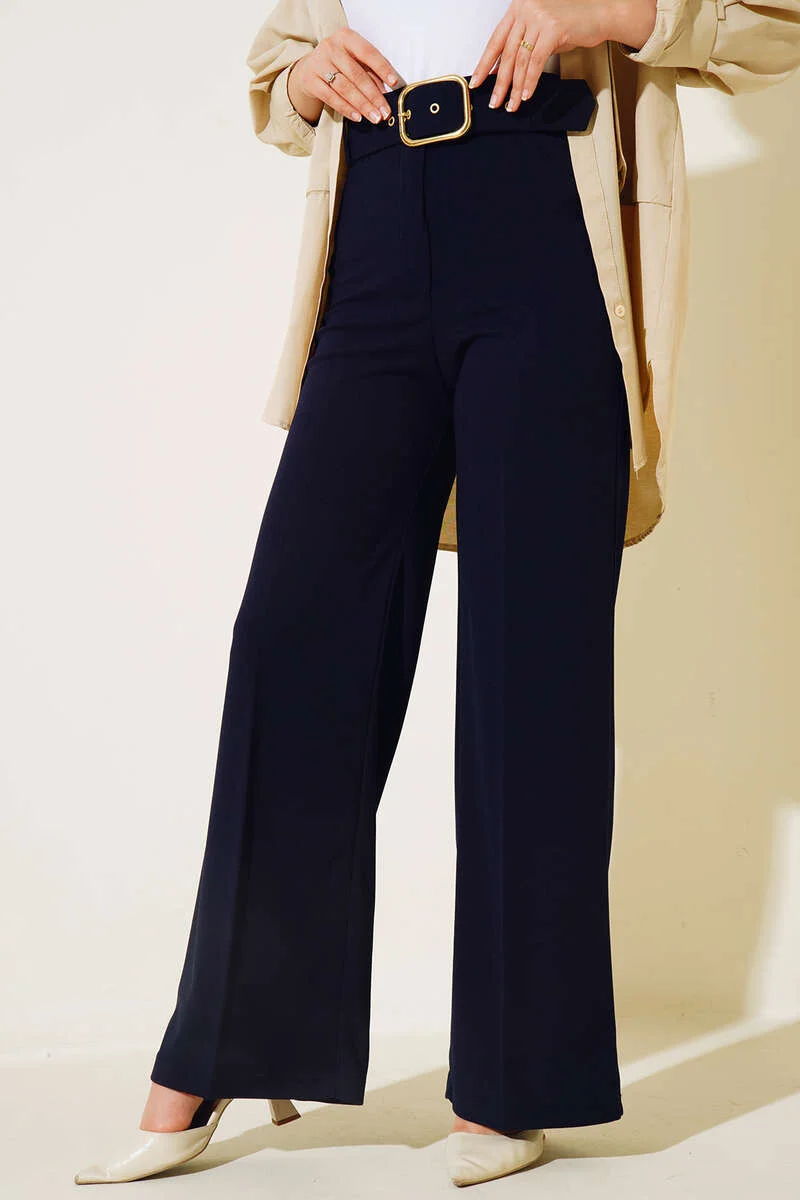 High Waist Wide Leg Trousers with Belt Navy Blue Großhandel pants - Hicabistan Türkei Fabrik