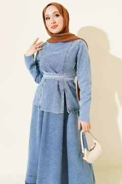 Alternative view of Denim Set with Blouse and Belted Skirt Blue