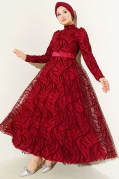 Self-Patterned Tulle Belt Evening Dress Burgundy wholesale dress - Hicabistan Turkey factory