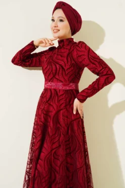 Self-Patterned Tulle Belt Evening Dress Burgundy wholesale dress view 2 - Hicabistan Turkey factory