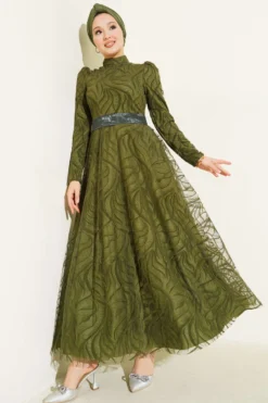 Self-Patterned Tulle Belt Evening Dress Khaki wholesale dress - Hicabistan Turkey factory