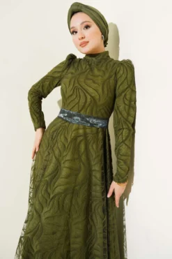 Self-Patterned Tulle Belt Evening Dress Khaki wholesale dress view 2 - Hicabistan Turkey factory