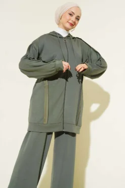 Alternative view of Hooded Two-Piece Set with Self-Striped Design Khaki