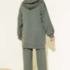 Hooded Two-Piece Set with Self-Striped Design Khaki wholesale clothing set view 3 - Hicabistan Turkey factory