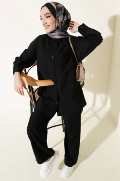 Shirt with Striped Two-Piece Set Black