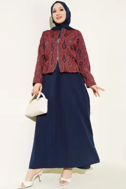 Jacketed Dress Set with Kilim Pattern Navy Blue
