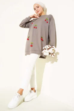 Cherry Bunch Detailed Tunic Mink groothandel tunic view 2 - Hicabistan Turkije fabriek