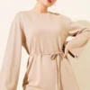 Arm Patch Loose Tunic with Ties Beige