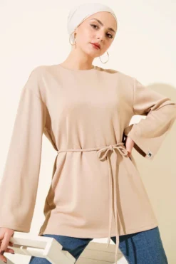 Arm Patch Loose Tunic with Ties Beige
