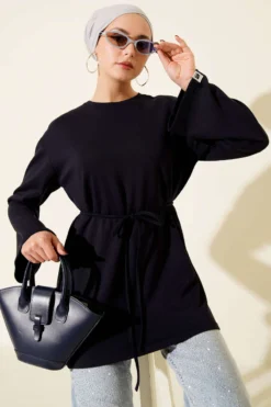 Arm Patch Loose Tunic with Ties Navy Blue