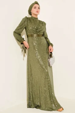 Tie Strap Sequin Evening Dress Khaki Großhandel dress - Hicabistan Türkei Fabrik