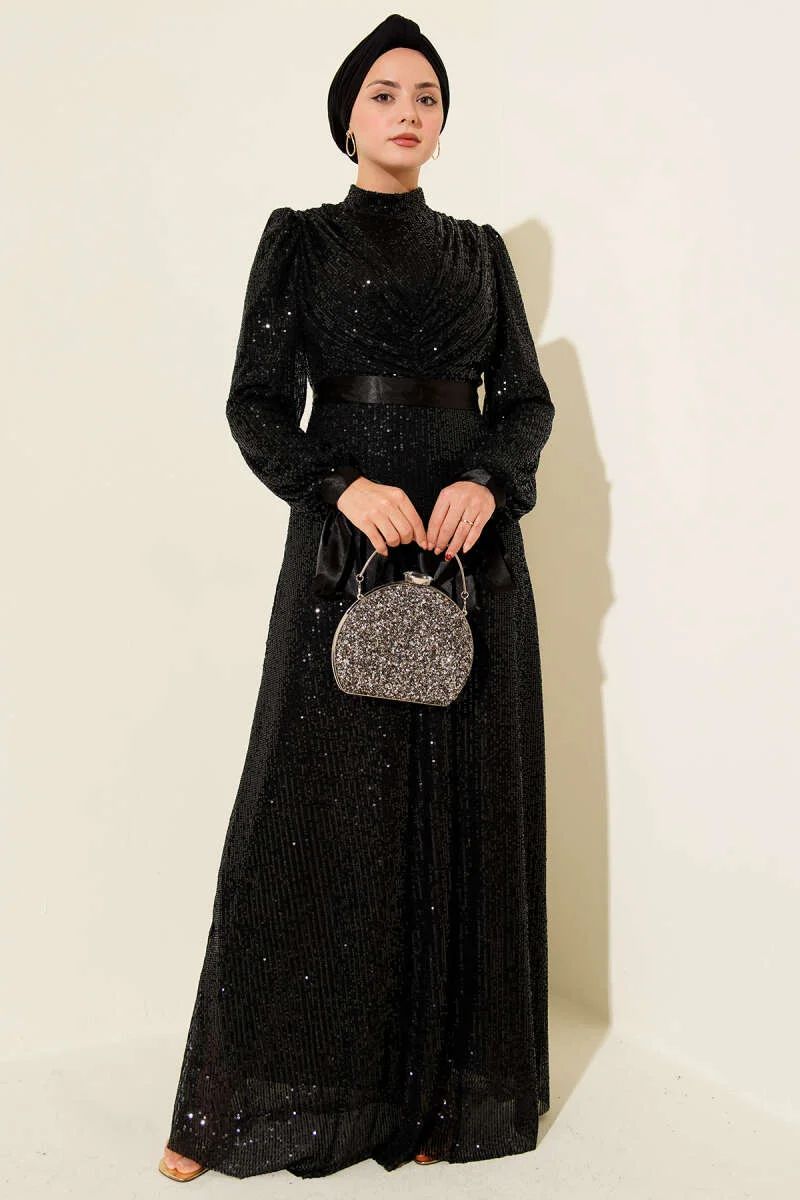 Tie Strap Sequin Evening Dress Black en gros dress view 2 - Hicabistan usine Turquie