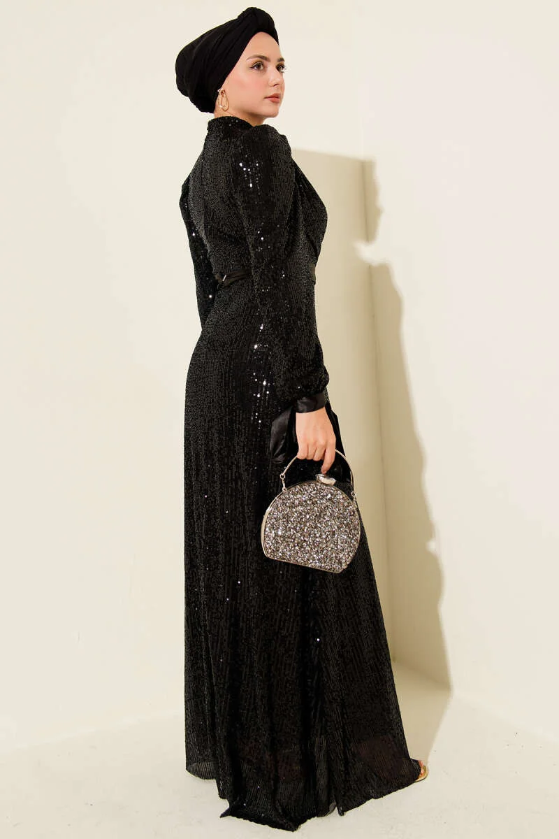 Tie Strap Sequin Evening Dress Black en gros dress view 3 - Hicabistan usine Turquie