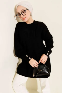 Button Detail Knit Tunic Black