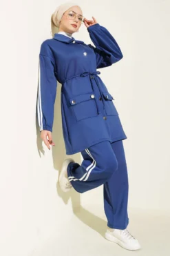 Buttoned Scuba Two-Piece Set Navy Blue