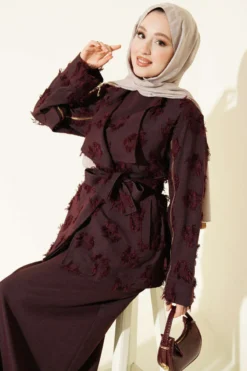 Zippered Fringe Dress Set Burgundy